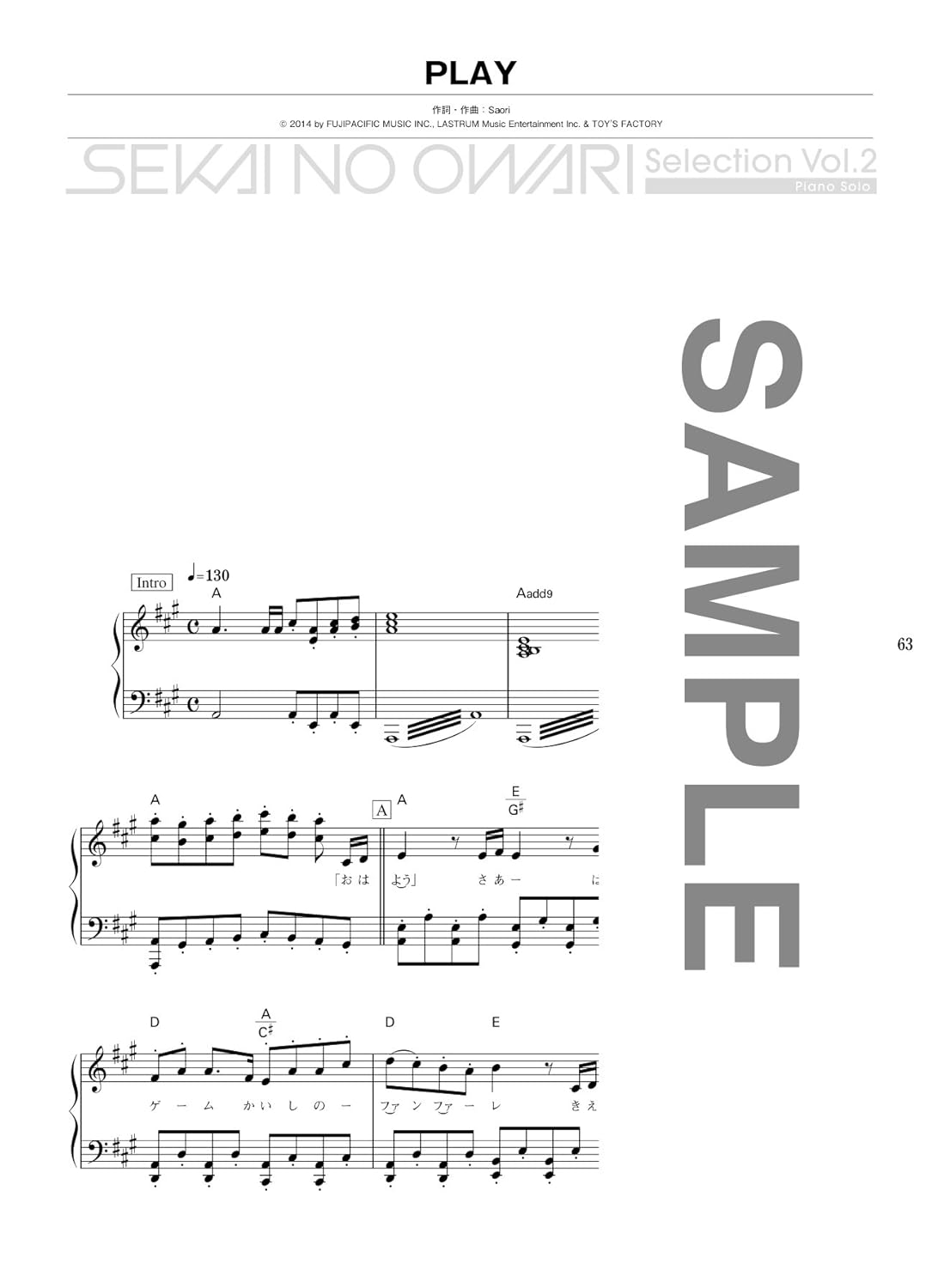 SEKAI NO OWARI Selection Vol.2 Piano Solo(Intermediate) Sheet Music Book