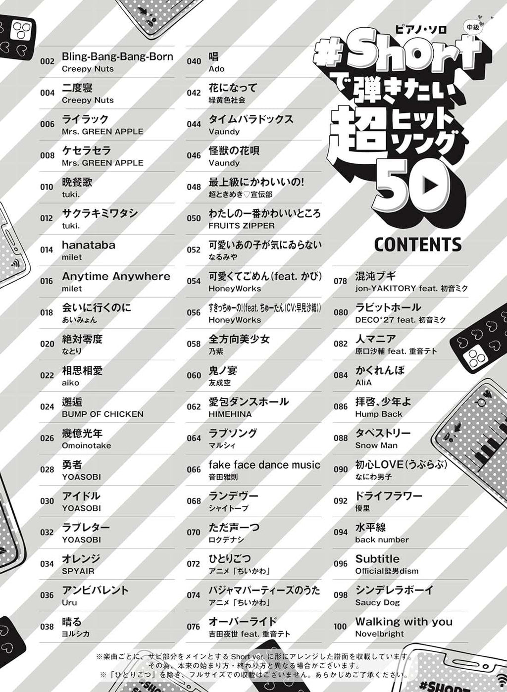 Hit songs 50 Short Version for Piano Solo - Sheet Music Book